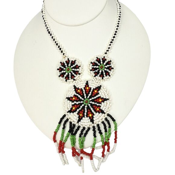 Native American White Flower Medallion Necklace Seed Bead Leather Squash Blossom - Picture 1 of 9